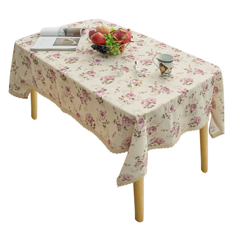 YEESSION Floral Print Rectangle Tablecloth 60 x 102 Inch Stain Resistant and Waterproof Wine Table Cover for Kitchen Dining Indoor Outdoor Buffet Tabletop Decoration (Beige) - Image 1